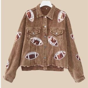 Trendy Brown Corduroy Jacket with Football Patches